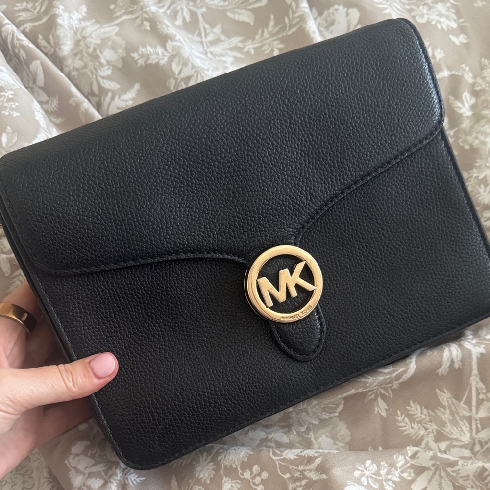 Michael Kors Black Leather Clutch with Gold Accent